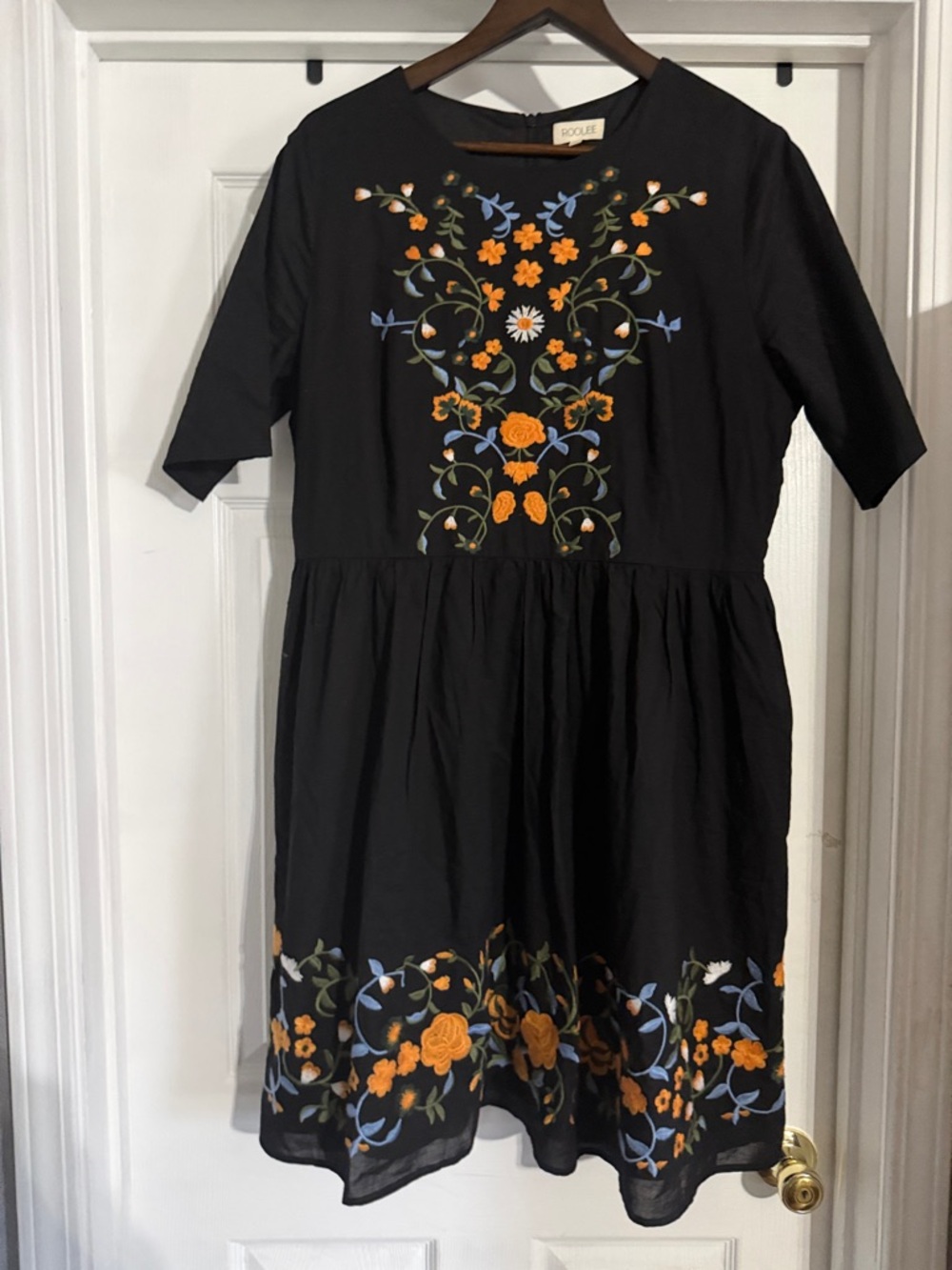 Black Embroidered Floral Midi Dress